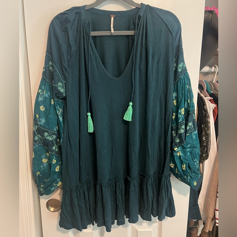 Free People Dark Teal Tunic Dress with Embroidered Sleeves